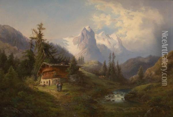 Le Chalet Sur Fond De Glacier Montagneux Oil Painting - Gustav Barbarini