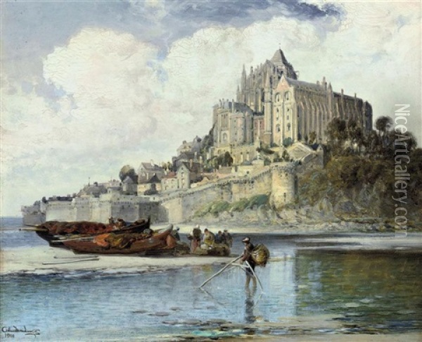 Fishermen Sorting Their Catch On The Beach Below Mont. St. Michel, Normandy Oil Painting - Arthur Joseph Meadows
