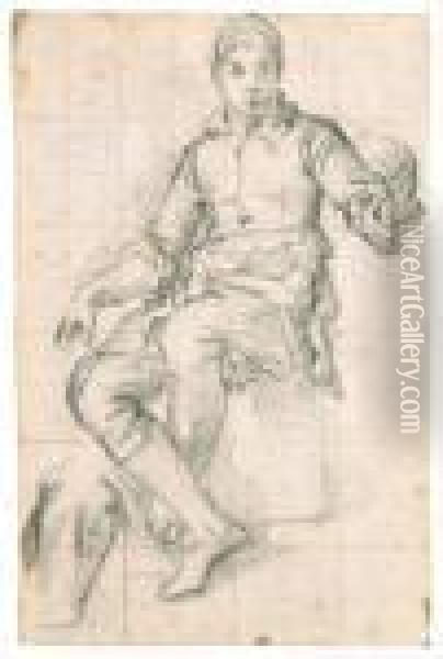 A Seated Boy, A Subsidiary Study Of Drapery, And A Faint Study Of Ahead, Upper Left
With Inscription 'carache'
Black And White Chalk, Squared In Red Chalk, Watermark Device Oil Painting - Giovan Battista Naldini