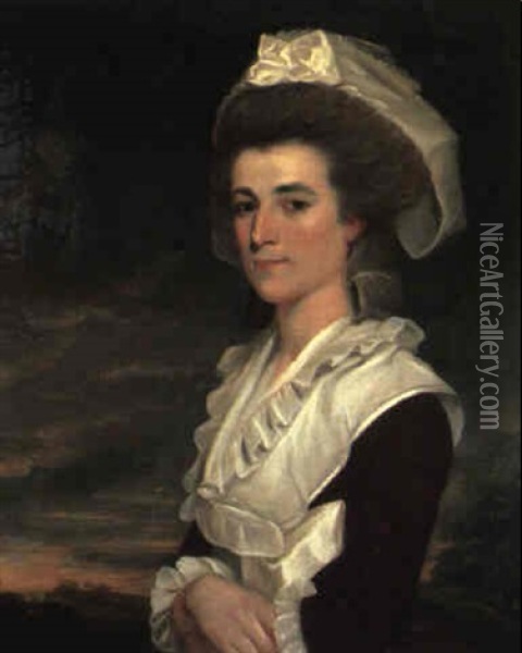 A Portrait Of Mrs. Duncan...in A Landscape, Wearing A Dark Red Dress Oil Painting - George Romney