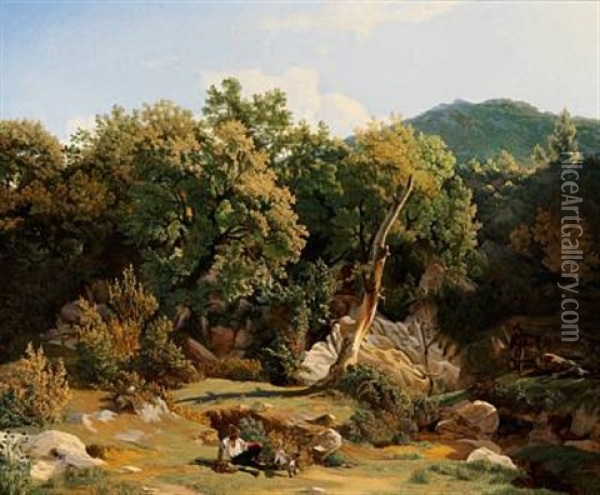 Italian Landscape With Two Shepherds Hunting Oil Painting - Frederik (Fritz) Petzholdt