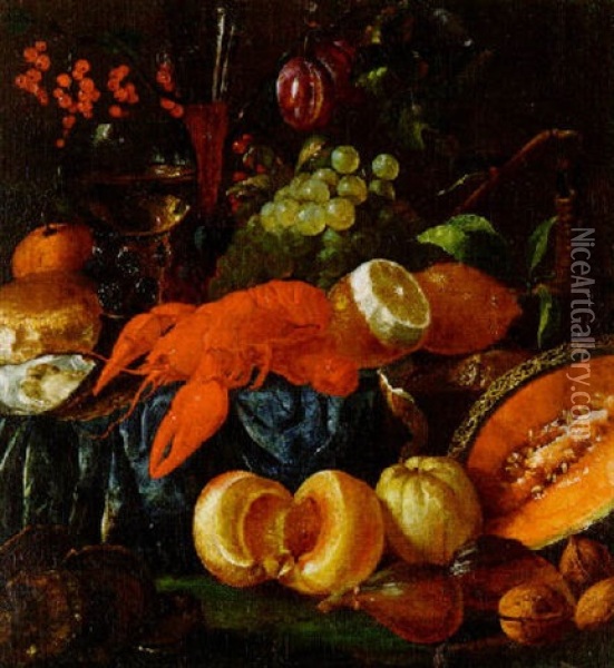 Variastilleben Mit Hummer, Austern, Fruchten Und Weinpokalen Oil Painting - Jan Van Huysum