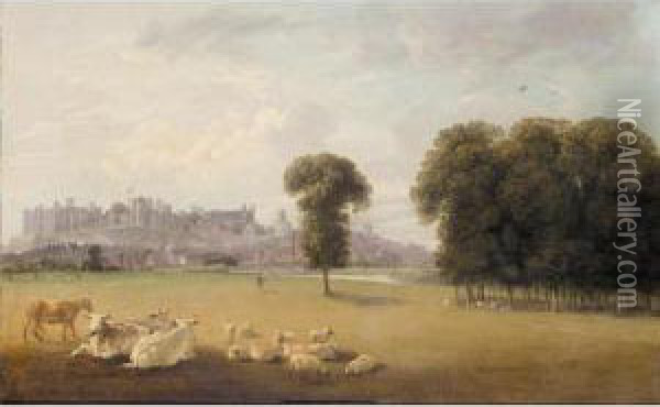 View Of Windsor Castle With Cattle In The Foreground Oil Painting - Edmund Bristow