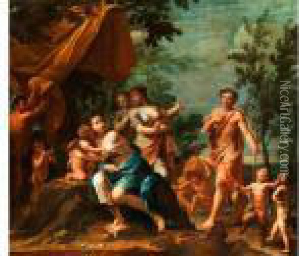 Antik-mythologische Szene Mit Dem Hirtenapollo, Der Sich Den Drei Grazien Nahert Oil Painting - Marcantonio Franceschini