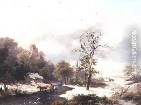 Travellers in a Winter Landscape Oil Painting - Frederick Marianus Kruseman