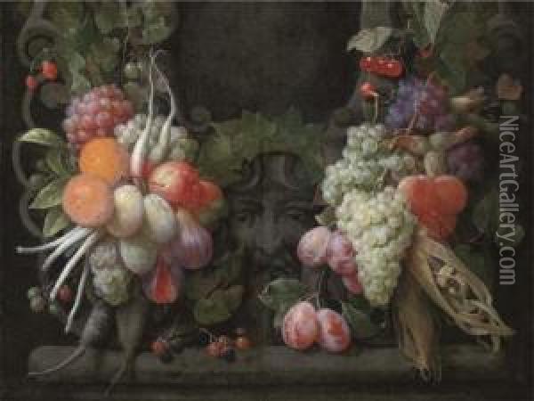 Grapes, Gooseberries, 
Blackberries, Figs, Oranges, Plums, Radishes,asparagus, Maize, Cherries 
And Other Fruits Surrounding A Stonecartouche With A Sculpted Head Oil Painting - Joris Van Son