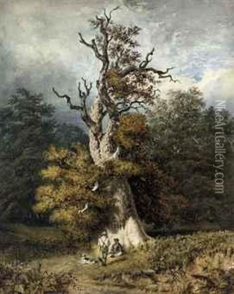 Figures Sheltering Beneath An Oak Tree In Windsor Great Park Oil Painting - Charles Edwin Lewis Green