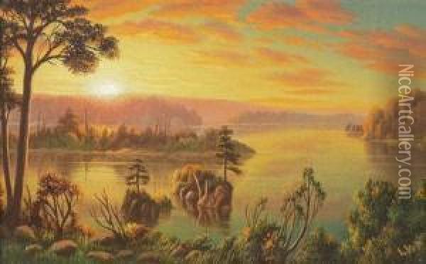 American, - Lake At Sunsetinitialed Lwp And L.w. Prentice On The R Oil Painting - Levi Wells Prentice