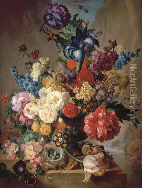 Roses, Peonies, Irises, 
Hollyhocks, Narcissi, Blazing Star,primulas, Marigolds And Other Flowers
 With A Five-spot Burnet Mothin A Vase With A River God Carved In Relief
 On A Plinth Withtulips, Morning Glory, Clematis Oil Painting - Georgius Jacobus J. Van Os