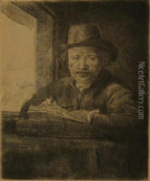 Rembrandt Drawing At A Window Oil Painting - Rembrandt Van Rijn