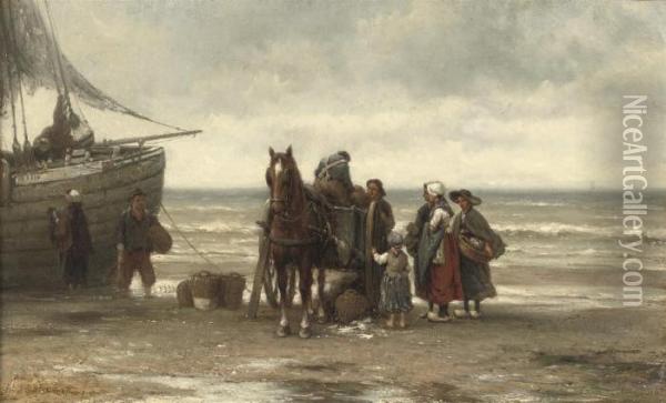 Unloading The Catch Oil Painting - Johannes Hermann Barend Koekkoek