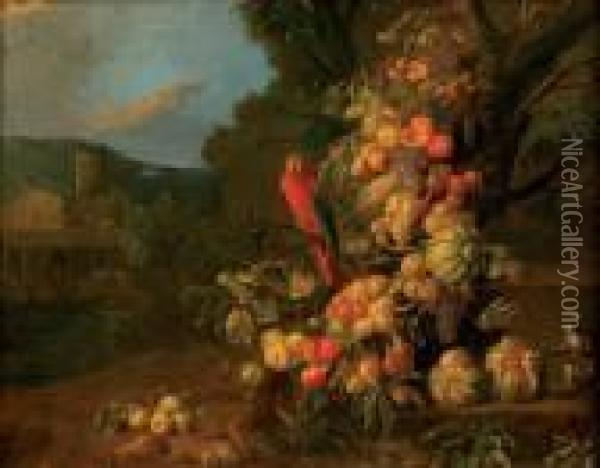Guirlande De Fruits Animee De Perroquet, Singe Et Ecureuil Dans Unpaysage Classique Oil Painting - Jan Pauwel Gillemans The Elder