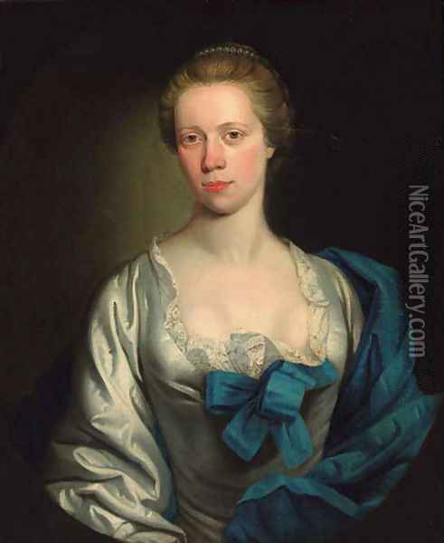 Portrait of a lady, half-length, in a white dress trimmed with lace, with a blue shawl, feigned oval Oil Painting - Henry Pickering