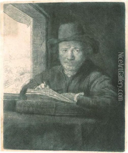 Self Portrait Drawing At A Window (b., Holl. 22; H. 229; Bb. 48-a) Oil Painting - Rembrandt Van Rijn