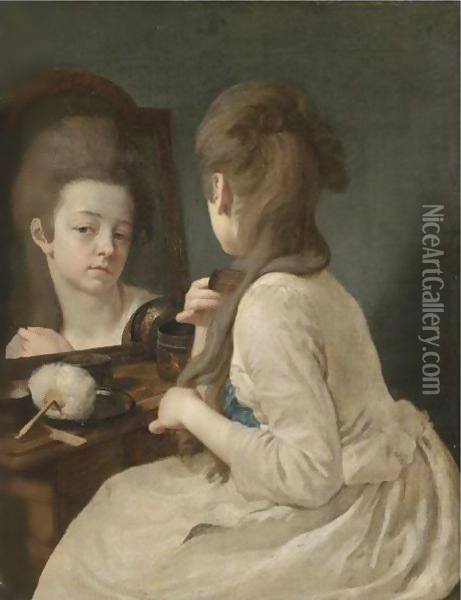 An Interior With A Young Lady At Her Toilet, Combing Her Hair Before A Mirror Oil Painting - Johann Anton de Peters