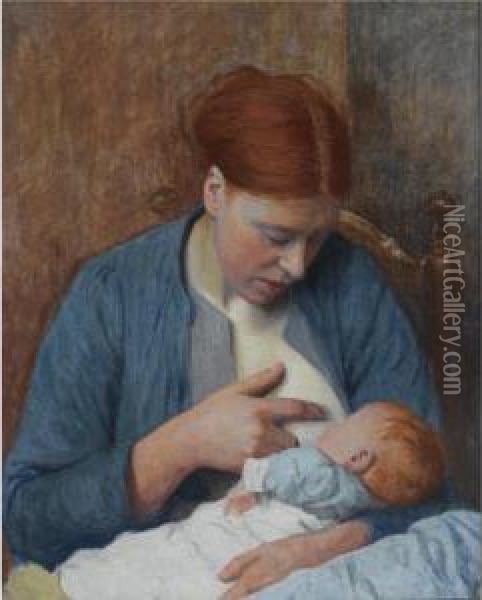 Eef Puik, Moeder Haar Kind De Borst Gevende Oil Painting - Ferdinand Hart Nibbrig