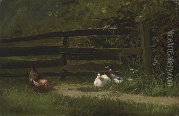 Chickens And Ducks On The Farm Oil Painting - Carl Jutz the Elder