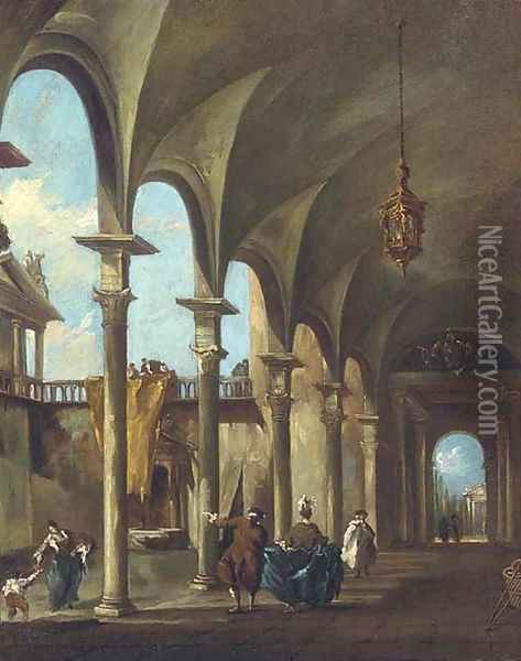 A Venetian courtyard with elegant company under a colonnade Oil Painting - Francesco Guardi