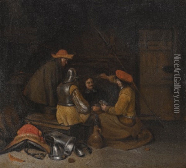 A Guardroom Interior With Four Figures Drinking And Playing Cards Oil Painting - Gerard ter Borch the Younger