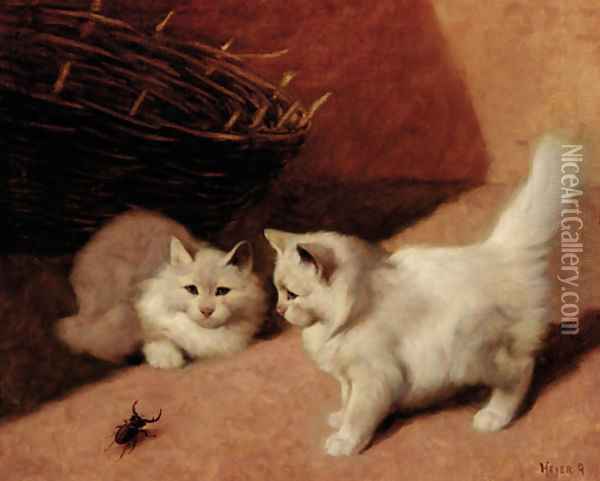 Two white Persian cats with a stag beetle Oil Painting - Arthur Heyer