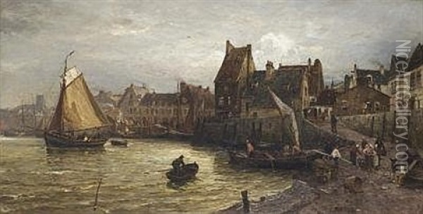 Hollandischer Hafen, Dordrecht Oil Painting - Gustav Schoenleber
