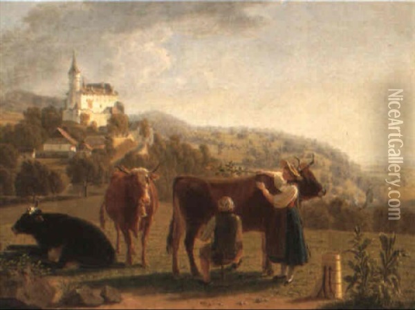 Bauern Beim Melken Oil Painting - Johann Jakob Biedermann