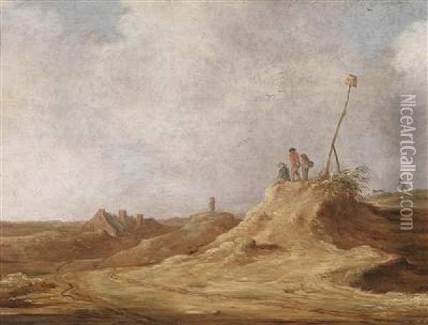 Dune Landscape With Farm Cottages And Threefigures Oil Painting - Pieter De Molijn