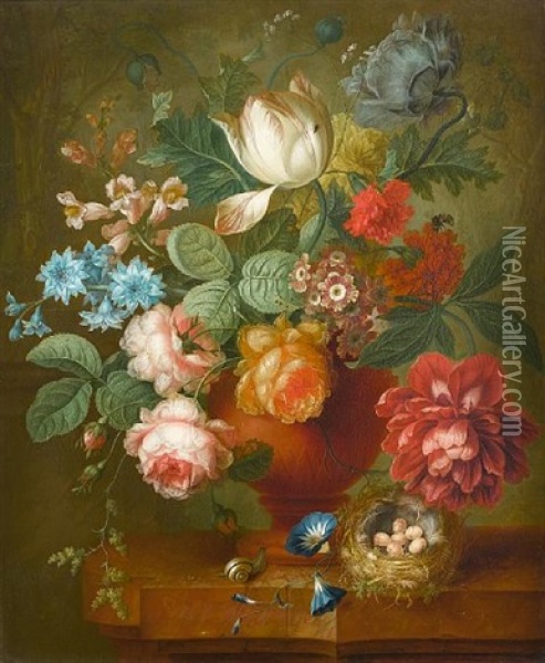 Tulips, Roses, Convolvulus And Other Flowers In A Terracotta Vase With A Bird's Nest On A Marble Ledge Oil Painting - Johannes Christianus Roedig