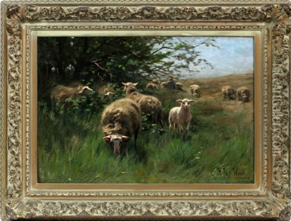 Shepherd And Sheep In Pastoral Landscape With Trees On Left Oil Painting - Herman Johannes van der Weele