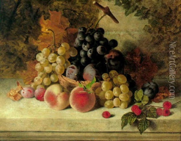Still Life With Basket Of Fruit On A Stone Ledge Oil Painting - Edward Ladell