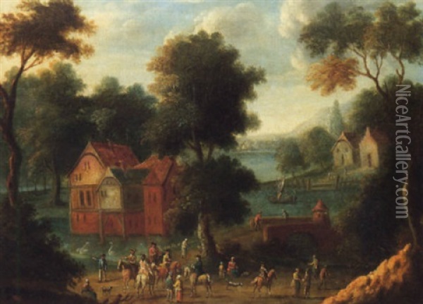 A River Landscape With Figures Assembled On A Track, A House Surrounded By Water Beyond Oil Painting - Mathys Schoevaerdts