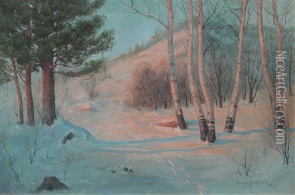 Sunset Glow On The Winter Hillside Trail Oil Painting - Svend Rasmussen Svendsen