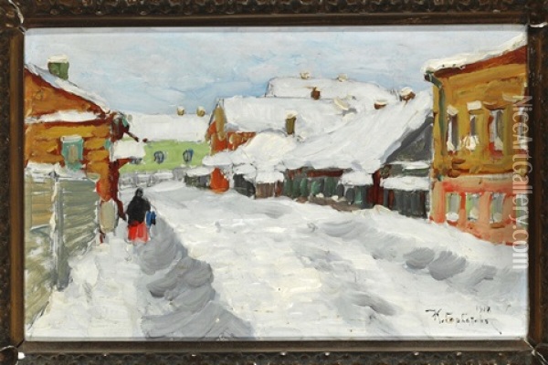 Winter Day In A Russian Provincial Town Oil Painting - Konstantin Ivanovich Gorbatov