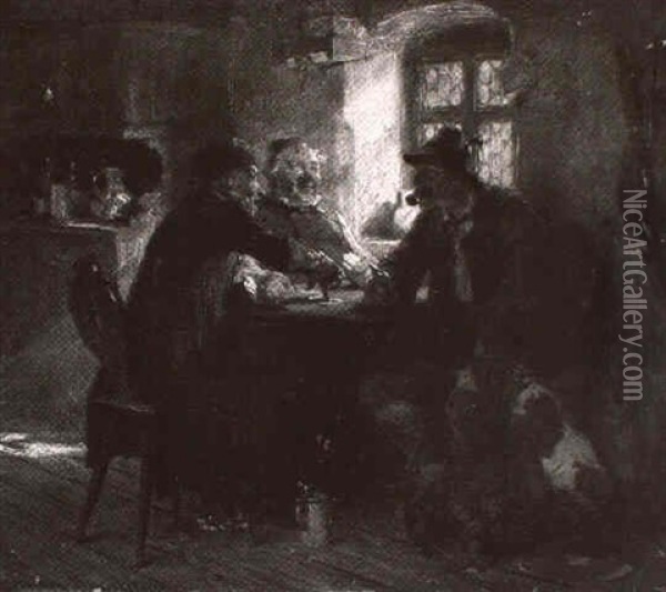 Drei Manner Am Stammtisch In Der Bauernstube Am Fenster Oil Painting - Hugo Wilhelm Kauffmann