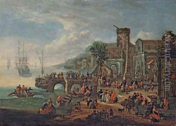 A capriccio of a port with elegant figures Oil Painting - Theobald Michau