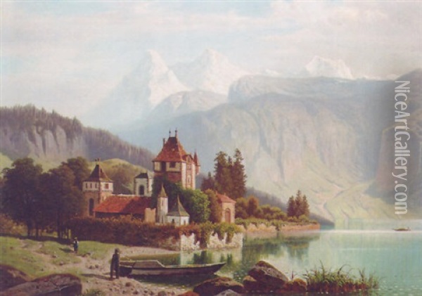 A Castle In A Mountainous Alpine Landscape Oil Painting - Theodor (Wilhelm T.) Nocken