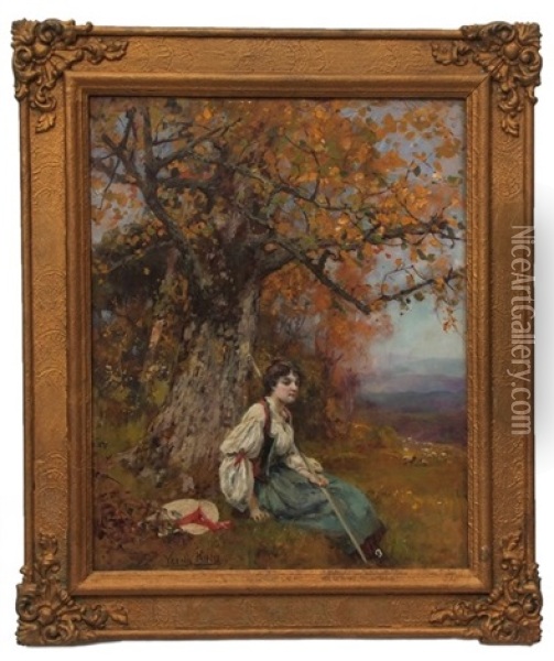 Shepherdess Resting Under A Tree Oil Painting - Henry John Yeend King