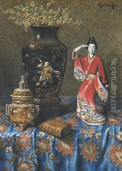 A Still Life With A Japanese Censer, Vase And Figurine Oil Painting - Max Schoedl