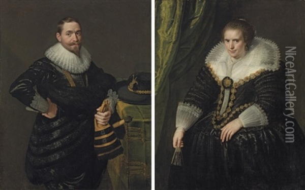 Portrait Of A Nobleman (+ Portrait Of A Noblewoman; Pair) Oil Painting - Paulus Moreelse