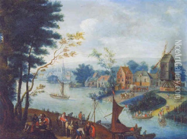 A River Landscape With Peasants At A Landing Stage, A Town Across The River Beyond Oil Painting - Peter Gysels