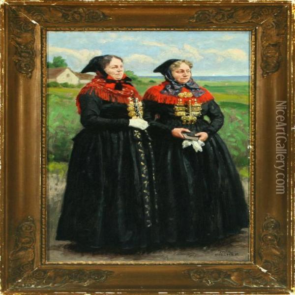 Two Women In Amager Costumes From Tarnby Parish Oil Painting - Paul-Gustave Fischer