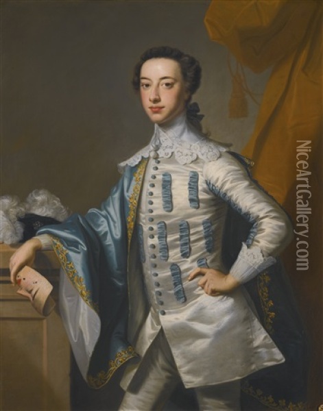 Portrait Of Sir James Lowther, 1st Earl Of Lonsdale Three-quarter Length, Holding A Mask In His Right Hand Oil Painting - Thomas Hudson