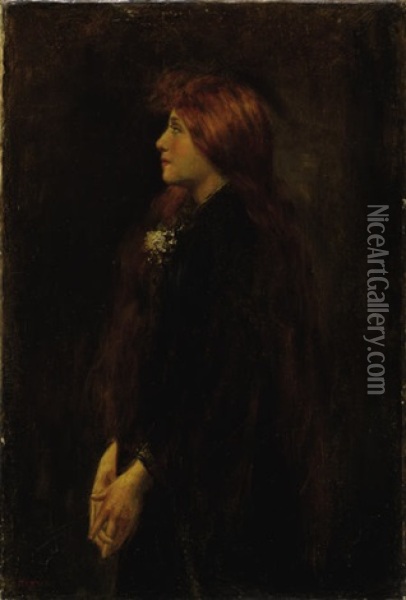 Portrait, Red Haired Beauty Standing In Profile Oil Painting - Jean Jacques Henner