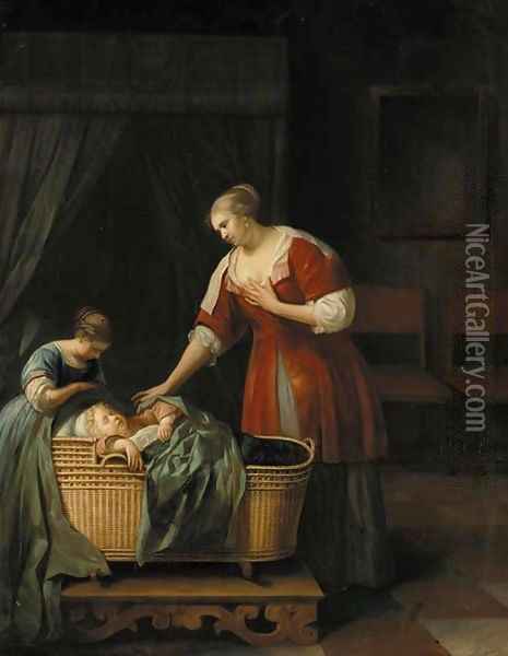 A mother watching over her sleeping baby, with her sister, in an interior Oil Painting - Jacob Ochtervelt