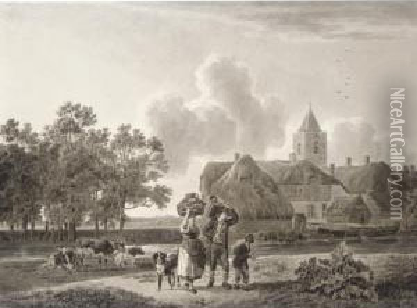 A Peasant Family Bearing Baskets Walking Beside A Canal, With A Village To The Right Oil Painting - Leendert de Koningh