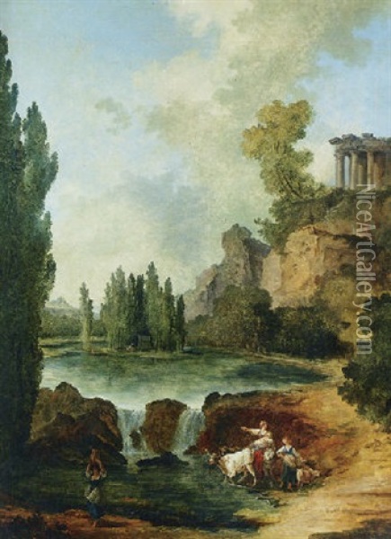 A Capriccio Of The Park At Ermenonville With The Tomb Of Jean Jaques Rousseau And The Temple De La Philosophie Oil Painting - Hubert Robert
