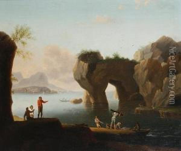 Fishermen And Other Figures On The Banks Of A Lake With A Town In The Distance Oil Painting - Francesco Fidanza