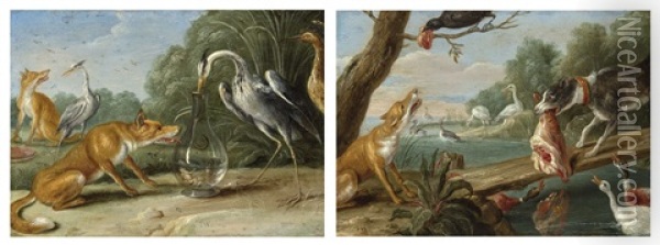 The Fox And The Crane; The Fox And The Crow And The Dog With The Ham (2 Works) Oil Painting - Jan van Kessel