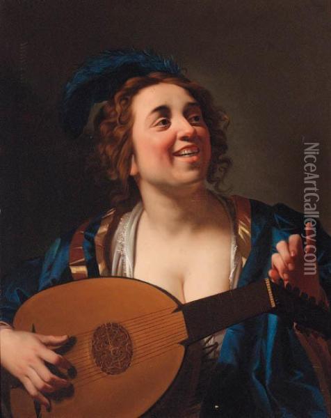A Woman Playing The Lute Oil Painting - Gerrit Van Honthorst