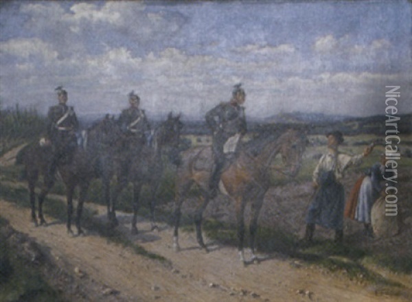 Prussian Cavalry Officers With Peasants Oil Painting - Ernst Zimmer